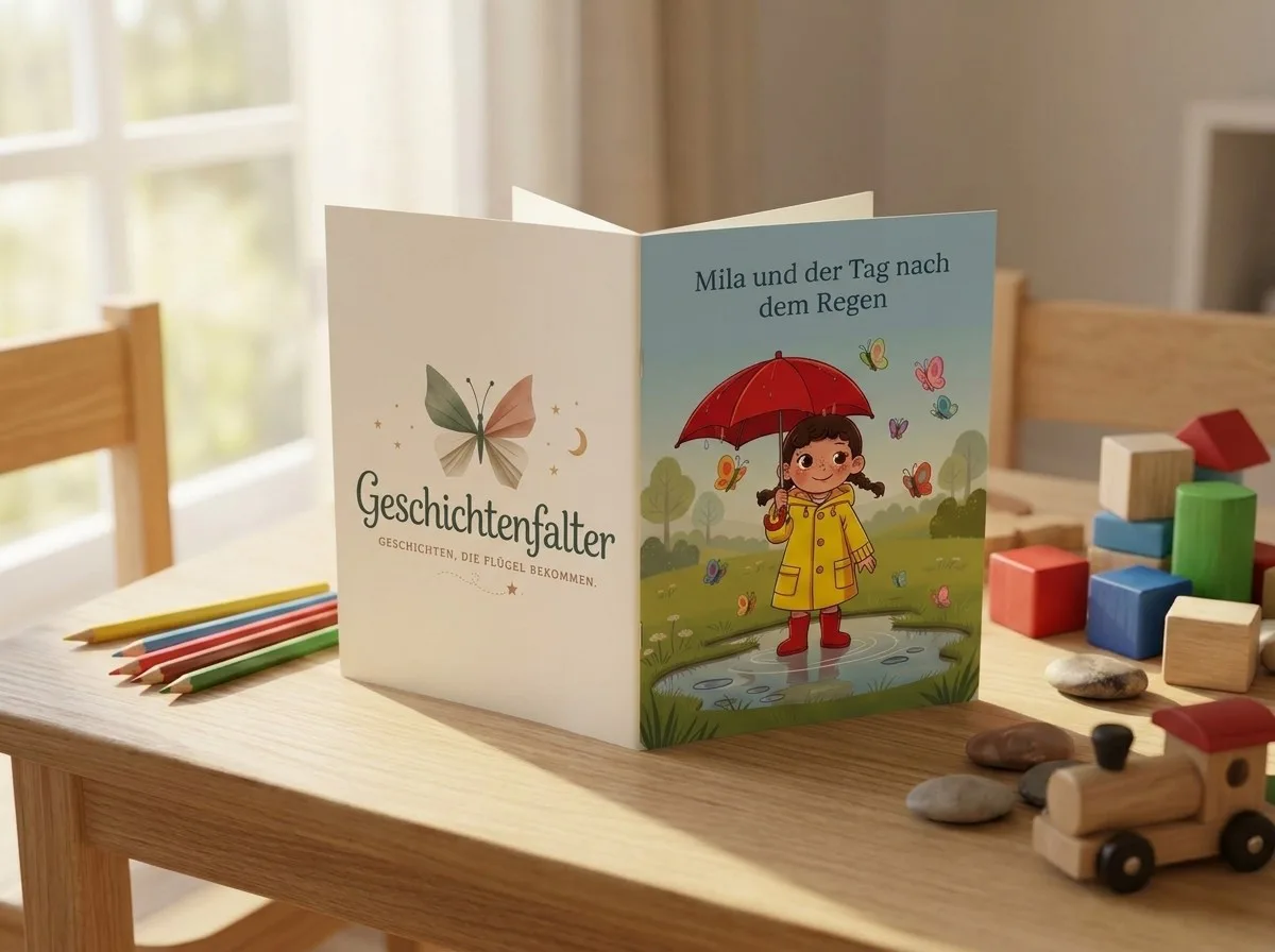 Das fertig gefaltete Mini-Buch steht aufgeklappt auf einem Kindertisch. Vorne das Cover „Mila und der Tag nach dem Regen“ mit dem Mädchen im gelben Regenmantel, hinten die Rückseite mit dem Geschichtenfalter-Schmetterling. Daneben liegen Buntstifte und Holzbausteine.
