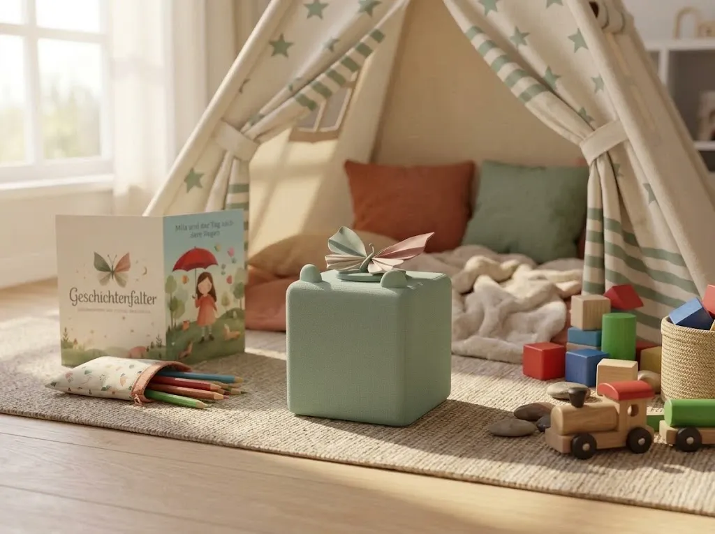 Eine salbeigrüne Hörbox mit Papier-Schmetterling auf dem Deckel steht in einer Spielecke vor einem Kinderzelt mit Kissen und Decke. Daneben das aufgeklappte Buch, Buntstifte und Holzspielzeug.
