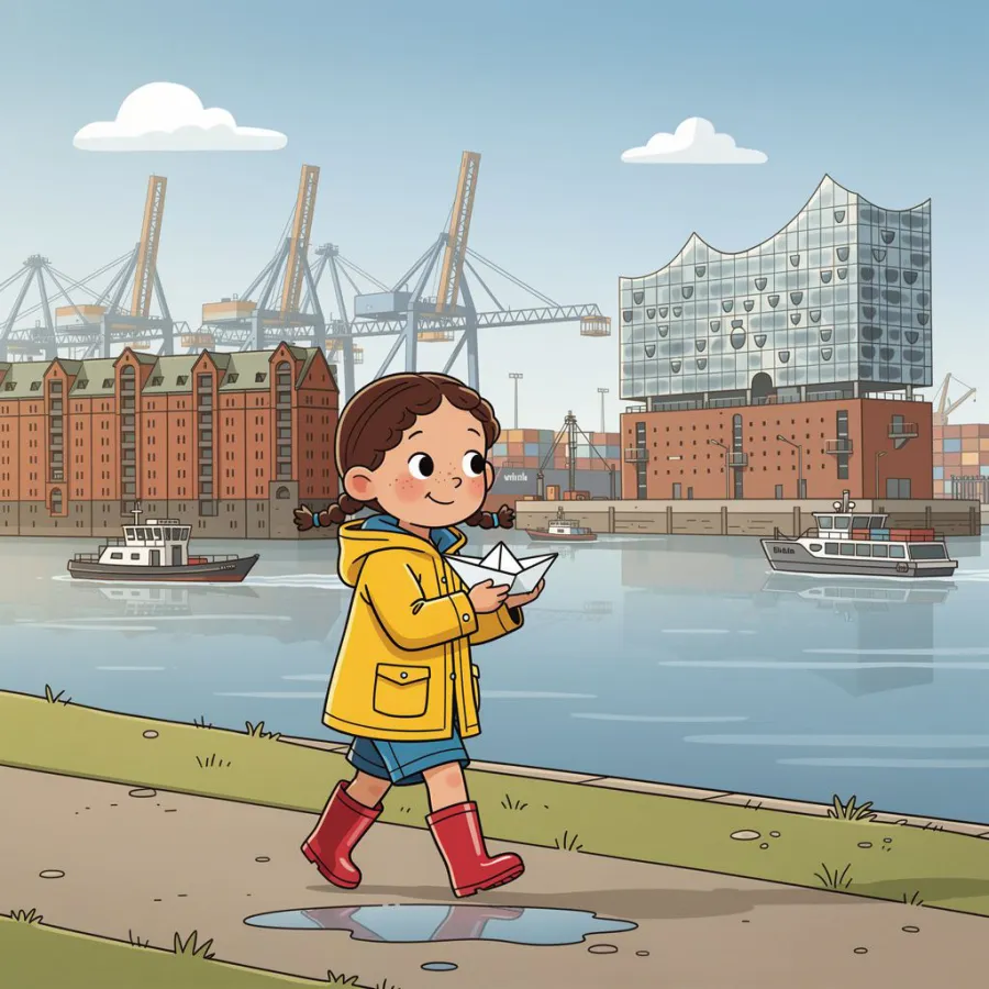 Dieselbe Szene im Hamburger Hafen: Mila mit Papierschiffchen, dahinter Containerkräne, die Backsteinspeicher der Speicherstadt und die Elbphilharmonie.