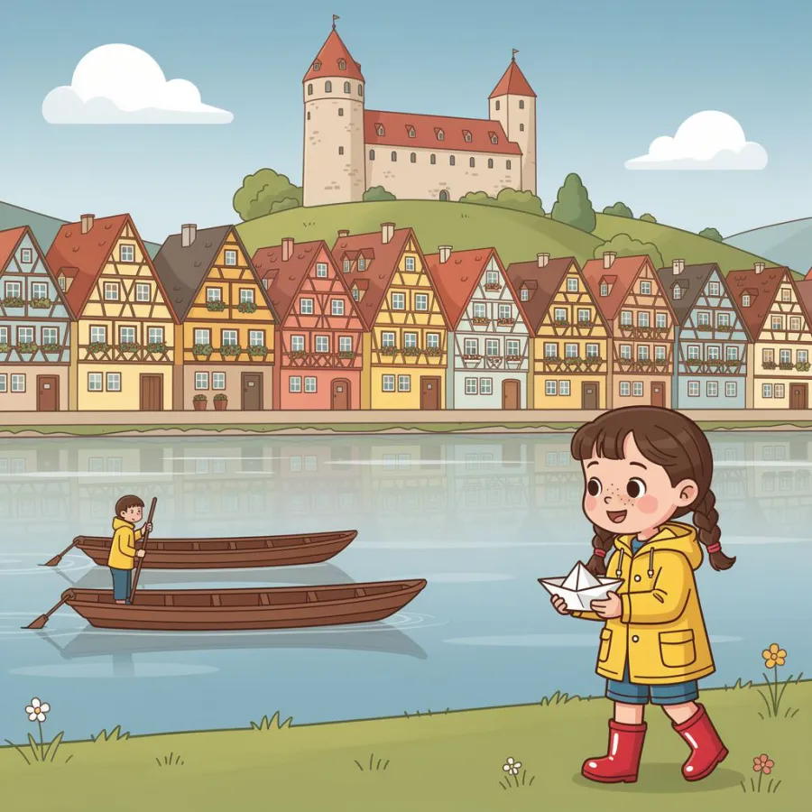 Mila läuft mit einem Papierschiffchen am Neckar entlang. Dahinter bunte Fachwerkhäuser, zwei Stocherkähne auf dem Wasser und ein Schloss auf dem Hügel.