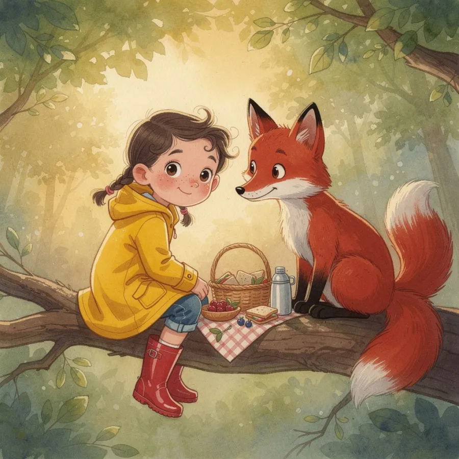 Mila sitzt mit einem Fuchs auf einem Ast und teilt einen Picknickkorb, gemalt in Aquarell.
