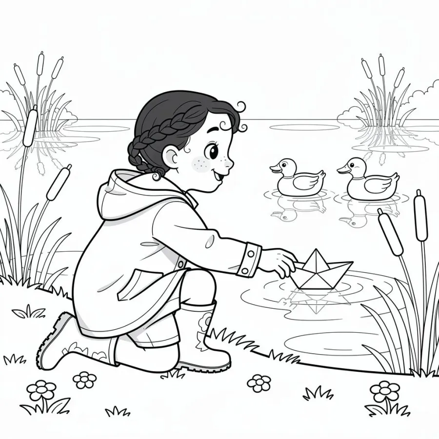 Strichzeichnung zum Ausmalen: Mila kniet am Teich und lässt ein Papierschiffchen schwimmen, zwei Enten schwimmen vorbei.
