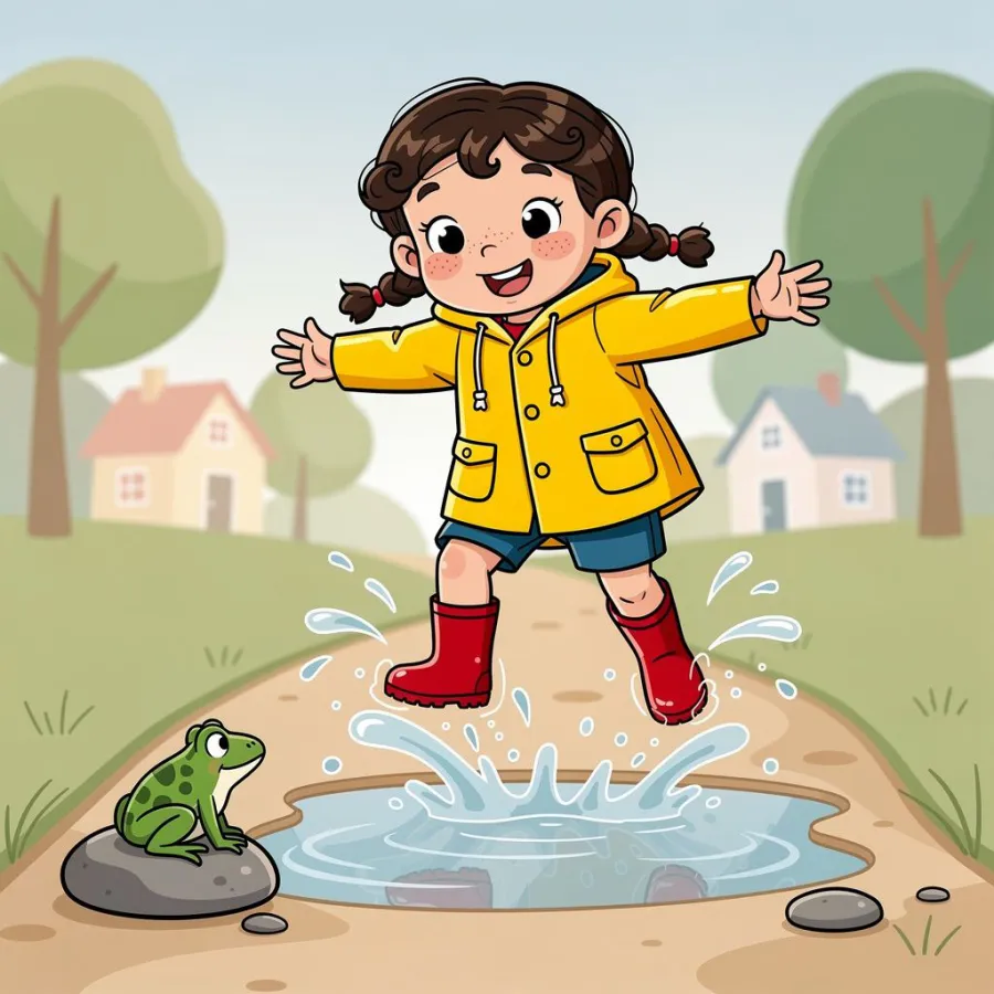 Mila springt mit beiden Füßen in eine Pfütze, ein Frosch sitzt auf einem Stein daneben.